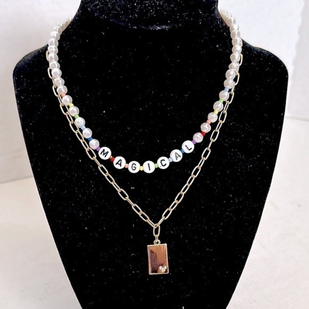 DISNEY stack chain Gold plated and White Beaded with magical Necklace Set